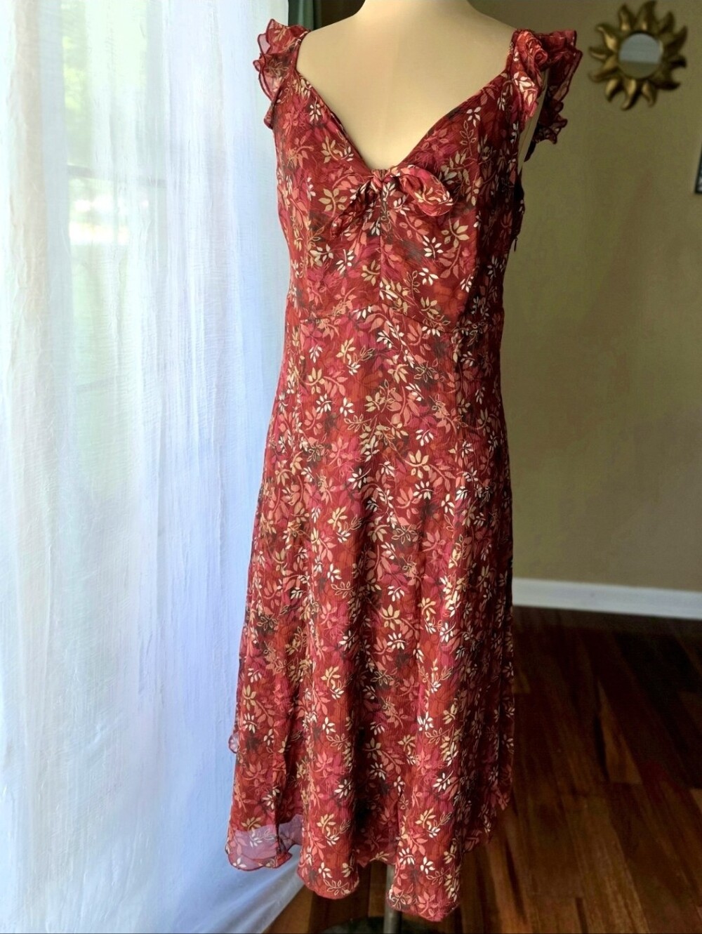 100% Silk Floral Midi Dress Ruffle Tie Front Romantic Y2K Nine West Size 14